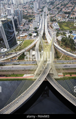 Aerial view of the Cable-Stayed Bridge Octavio Frias de Oliveira and Roberto Marinho Avenue Journalist Stock Photo