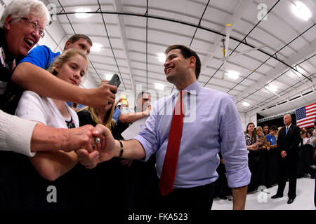 Sanford, Florida, USA. 7th Mar, 2016. Republican presidential candidate Senator MARCO RUBIO (R-Florida) greets supporters during a rally. Rubio, who is the third-place GOP presidential hopeful, needs to win Florida for a shot at the nomination. © Scott A. Miller/ZUMA Wire/Alamy Live News Stock Photo