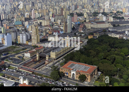 Aerial view of Avenida Tiradentes, Pinacoteca do Estado de Sao Paulo and Parque Jardim da Luz Stock Photo