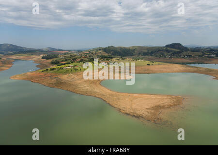 Aerial view of the dam Jaguari - formed by Jaguari Jacarei and rivers in strong drought period Stock Photo