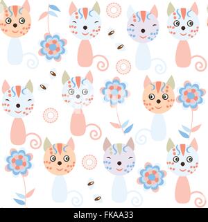 Cute gentle colors kids cats seamless pattern and seamless pattern in swatch menu, vector Stock Vector