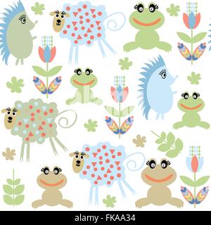 Cute adorable animals  seamless pattern and seamless pattern in swatch menu, vector illustration Stock Vector