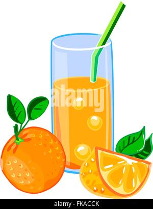 A glass of fresh orange juice with a straw, a whole orange and orange slice. Color vector illustration. Stock Vector