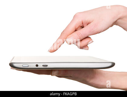 Finger Pointing at a Tablet Computer Screen, Cut Out. Stock Photo