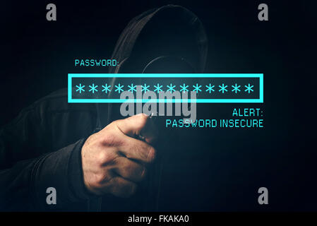 Password insecure alert, unrecognizable computer hacker stealing personal data, internet cyber crime concept. Stock Photo
