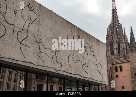 Facade sgraffito designed by Picasso, Plaça Nova, Cathedral, Barcelona. Stock Photo