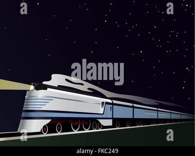 Vintage streamlined steam train under starry sky Stock Vector