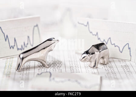 Bull and Bear and charts with descending curves. Stock Photo