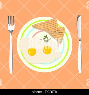 Fried eggs with toasts on a plate. Breakfast in retro style. Vector illustration for your design. EPS10 Stock Vector