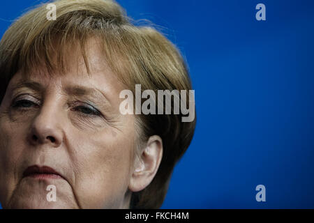 Berlin, Germany. 8th Mar, 2016. German Chancellor Angela Merkel reacts during a press conference after meeting with United Nations Secretary-General Ban Ki-moon (not in picture) at the Chancellery in Berlin, Germany, on March 8, 2016. Credit:  Zhang Fan/Xinhua/Alamy Live News Stock Photo