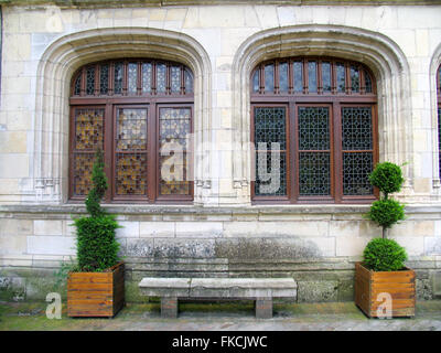 Ornat stain glass windows and boxed plants at Château de Gien Stock Photo