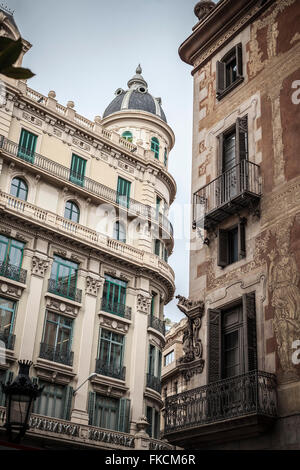Casa dels Velers (right) with wall sgraffito, Via Laietana, Barcelona. Stock Photo