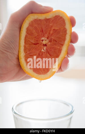 Woman's hand squeezing grapefruit Stock Photo