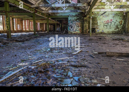 A disused factory which has been left to decay and rot, the glass panels in the roof have broken and dropped out, Stock Photo