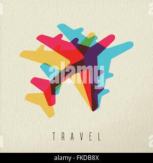 Travel concept illustration with colorful jet plane silhouette on texture background. EPS10 vector. Stock Vector