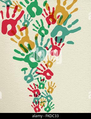 Colorful composition of human hand prints on textured background, community collaboration concept art. EPS10 vector. Stock Vector