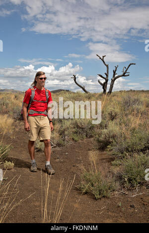 IDAHO - Hiker passing a tree skeleton in sagebrush prairie along Wilderness Trail in Craters of the Moon National Monument. Stock Photo