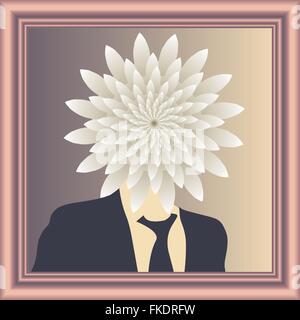 A surreal old fashion style portrait of a flower man in a suit, in a vintage square frame. Stock Vector