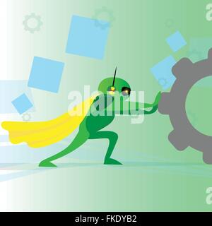 Modern Robot In Digital Glasses Pushing Cogwheel Stock Vector