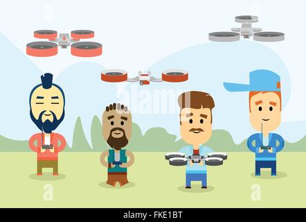 People Group Remote Control Drone Flying Air Quadrocopter Stock Vector