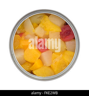 Top view of an opened can of fruit cocktail isolated on a white background. Stock Photo