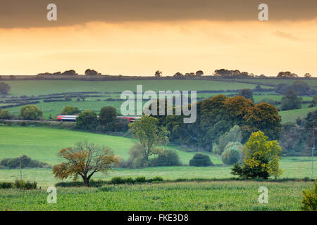 the train passing amongst the autumn colours in the valley around Milborne Wick, Somerset, England, UK Stock Photo