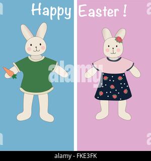 Color postcard with Easter bunnies rabbits. Stock Vector