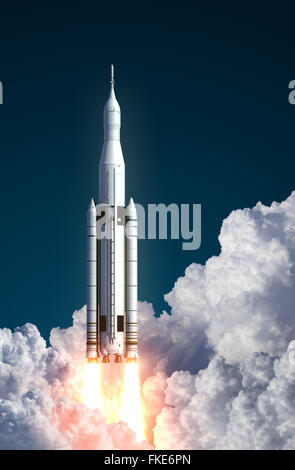 Space Launch System Takes Off In The Clouds. 3D Scene. Stock Photo