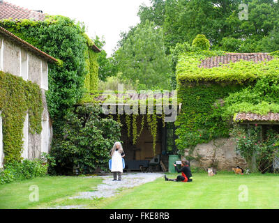 Two women and two cats in a backyard. Stock Photo