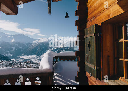 A chalet's view of Verbier, in the Swiss ski resort. Stock Photo