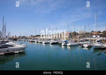 Portugal, Cascais marina, sailboats, yachts, boats, motorboats docked in resort coastal town harbour Stock Photo
