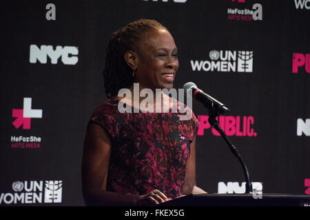 Manhattan, New York, USA. 8th March, 2016. New York City's first lady Chirlane McCray speaks at the launch of the HeForShe gender equality initiative of the UNWomen organization at the Public Theater at the start of a week of activities on International Women's Day. Credit:  M. Stan Reaves/Alamy Live News Stock Photo