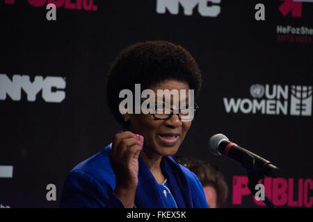 Manhattan, New York, USA. 8th March, 2016. Phumzile Mlambo Ngcuka, head of UN Women, speaks at  the launch of the HeForShe gender equality initiative of the UNWomen organization at the Public Theater at the start of a week of activities on International Women's Day. Credit:  M. Stan Reaves/Alamy Live News Stock Photo