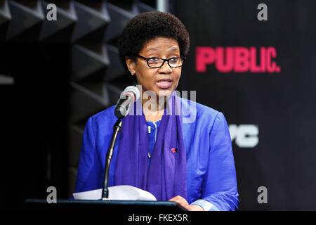 New York, USA. 8th Mar, 2016. UN Women chief Phumzile Mlambo-Ngcuka speaks during the UN Women's HeForShe Arts Week Launch Event at the Public Theatre in New York, March 8, 2016. UN Women on Tuesday launched a new initiative -- HeForShe Arts Week -- across New York City to promote gender equality via arts.The event, which is meant to commemorate the International Women's Day that falls on Tuesday, will run from March 8-15. Credit:  Li Muzi/Xinhua/Alamy Live News Stock Photo