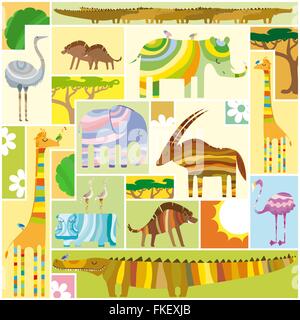 African Animals Tetris Collage Stock Vector