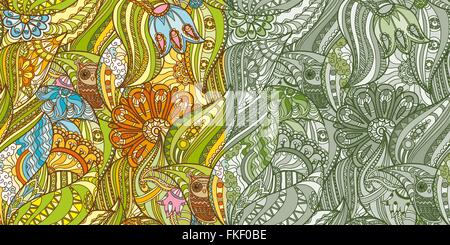Green Patterns with Owls in the Forest Stock Vector