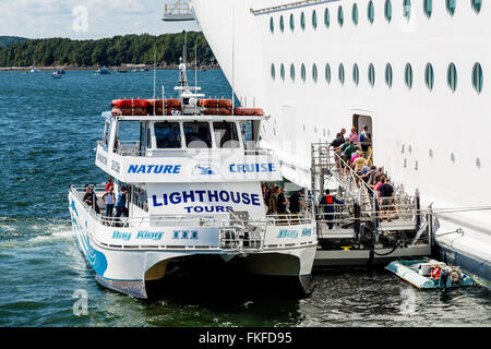 Cruise ship tender boat unloading passengers into side of ship. Walkway ...