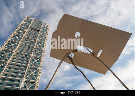 Sculpture 'David i Goliat', by Antoni Llena ans hotel arts, Port Olimpic, Barcelona. Stock Photo
