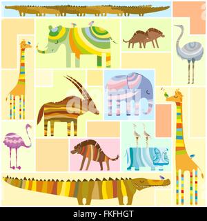 African Animals Tetris Collage Low Color Stock Vector