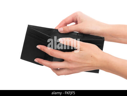 Empty purse in the hands on a white background. Stock Photo