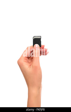 SD-card in his hand on a white background. Stock Photo