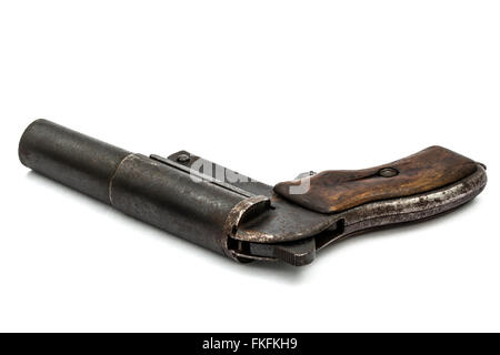 Old signal pistol, flare gun, isolated on white background Stock Photo