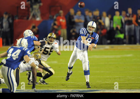 Miami, Florida, UNITED STATES. 7th Feb, 2010. Feb 7, 2010; Miami, FL, USA; Indianapolis Colts quarterback Peyton Manning (18) in action against the New Orleans Saints during the first quarter of Super Bowl XLIV at Sun Life Stadium. ZUMA Press/Scott A. Miller © Scott A. Miller/ZUMA Wire/Alamy Live News Stock Photo