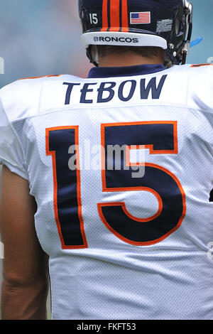 Jacksonville, FL, UNITED STATES. 11th Sep, 2010. Denver Broncos quarterback Tim Tebow (15) during the Broncos game against the Jacksonville Jaguars at EverBank Filed on Sept. 11, 2010 in Jacksonville, Fl.ZUMA Press/Scott A. Miller © Scott A. Miller/ZUMA Wire/Alamy Live News Stock Photo