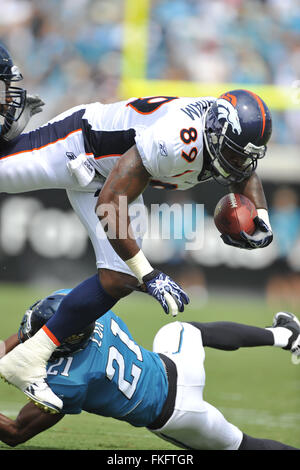 Jacksonville, FL, UNITED STATES. 11th Sep, 2010. Denver Broncos tight end Daniel Graham (89) is tripped up during the first half against the Jacksonville Jaguars at EverBank Field on Sept. 12, 2010 in Jacksonville, Fl. ZUMA Press/Scott A. Miller © Scott A. Miller/ZUMA Wire/Alamy Live News Stock Photo