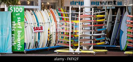 Sydney, Australia - November 10, 2015: Surfing boards in a row on sale at  Manly Beach surfing boards shop Stock Photo