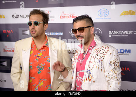 LOS ANGELES, CALIFORNIA - FEBRUARY 22, 2016: The comedic duo Pio e Amedeo at the Los Angeles Italian Film Festival. Stock Photo