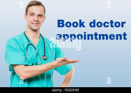 healthcare, profession, symbols, people and medicine concept - smiling male doctor  in coat over blue background with medical icons. Stock Photo
