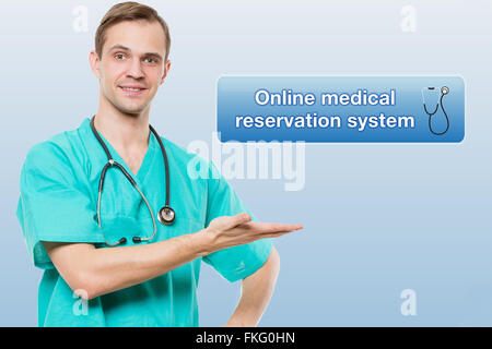 healthcare, profession, symbols, people and medicine concept - smiling male doctor  in coat over blue background with medical icons, online Medical Reservation system Stock Photo