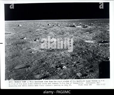 1969 - Lunar Terrain View: This excellent view from the right window of the Apollo-11 Lunar Module on the surface of the moon shows numerous rocks and craters in the Sea of Tranquility. Astronauts Neil Armstrong and Edwin Aldrin made their historic landing on July 20. © Keystone Pictures USA/ZUMAPRESS.com/Alamy Live News Stock Photo